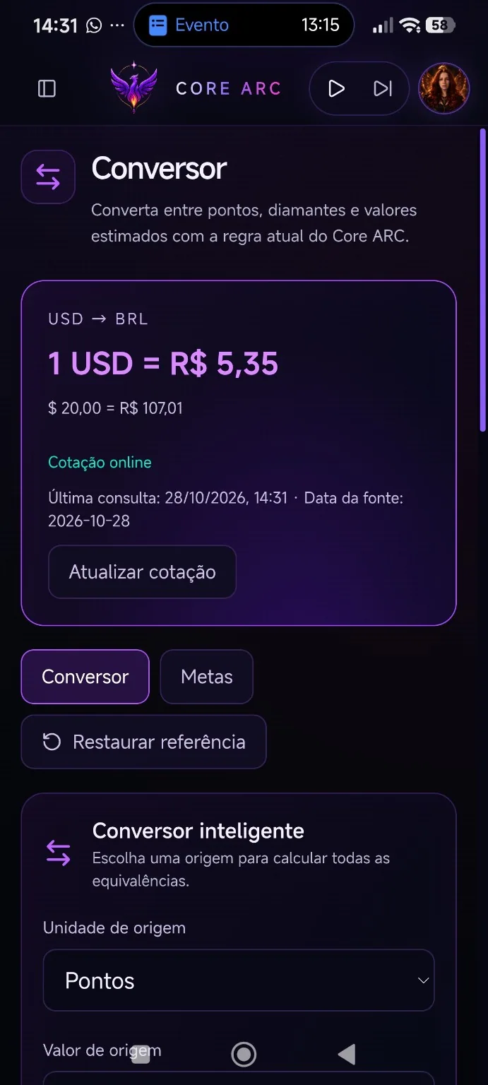 Captura da interface Core ARC