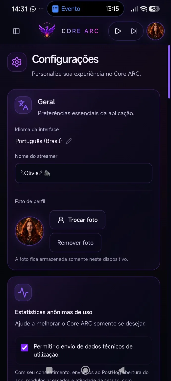 Captura da interface Core ARC