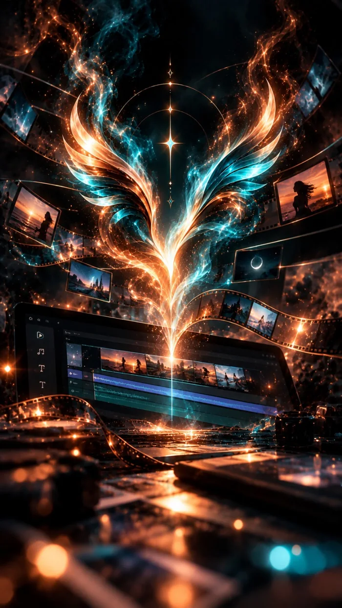 Fênix luminosa sobre uma composição audiovisual
