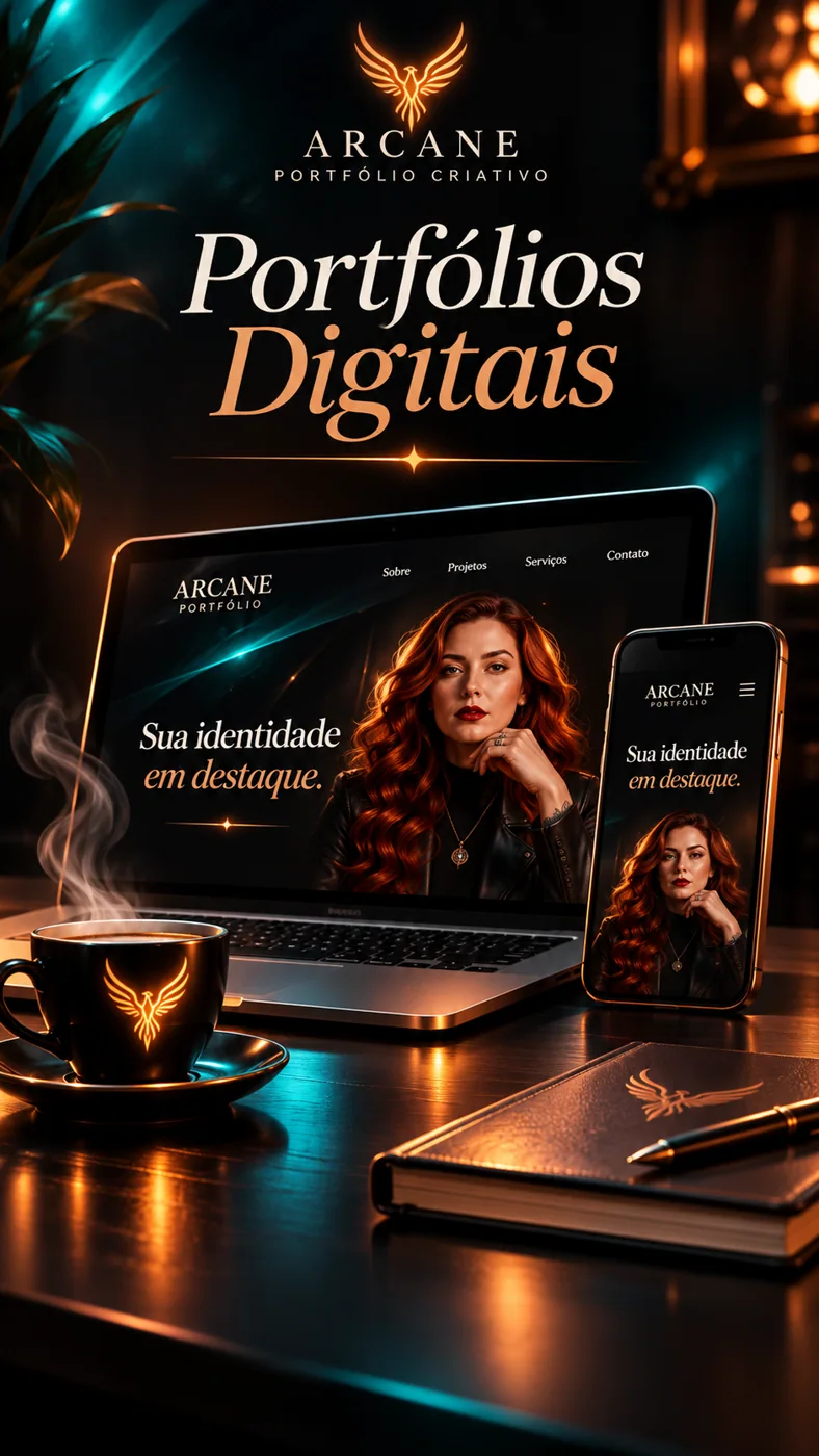 Exemplo de portfólio digital com visual em cobre e ciano, exibido em notebook e celular